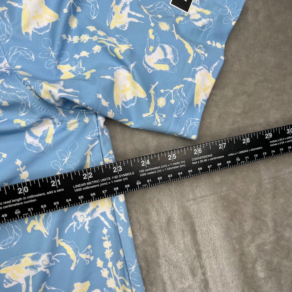 Waggle Buzzin Polo Shirt Men XL Blue Yellow Bee Floral Print Performance Stretch - Picture 9 of 9